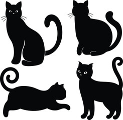 Four Black Cat Silhouettes in Different Poses on a White Background