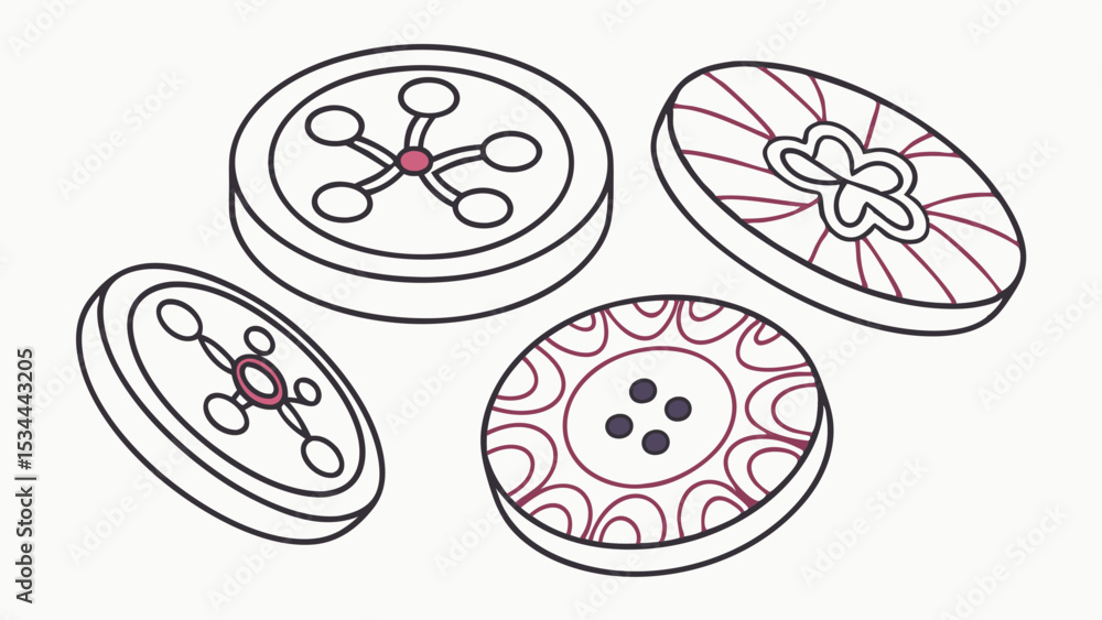 Poster simple outline drawing of four unique assorted decorative sewing buttons with various patterns and h