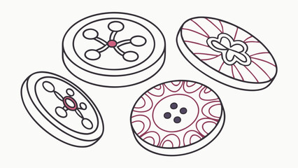 Simple outline drawing of four unique assorted decorative sewing buttons with various patterns and hole configurations craft supplies