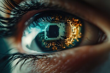 Close-up of an eye with a circuit board reflected
