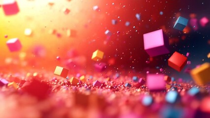 Abstract background with dynamic floating colored cubes and glitter on a gradient from yellow to dark red. Effect of movement and festive energy. Ideal for sales, banners and promotional materials. - Powered by Adobe