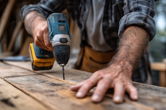 Carpentry Handiwork: A skilled craftsman expertly drills into a wooden plank, embodying the precision and dedication of carpentry work, perfectly illustrating the art of woodworking.