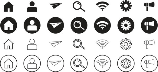 A collection of black and white, outline, and filled icons, including home, user, paper airplane, magnifying glass, Wi-Fi, gear, and megaphone.