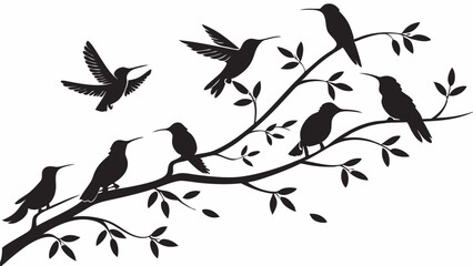 Obraz premium Group of black hummingbird silhouettes flying and perched on a tree branch