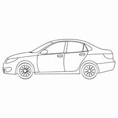 Side view of passenger car outlined in clean linear style with visible wheels and windows. automotive brochure, driving school visuals or transport app concept. dealership icon, fleet mockup, logistic