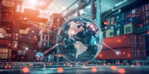 Global Trade and Logistics: A futuristic image of a global network above a bustling warehouse, symbolizing interconnected trade and efficient logistics in the modern era.