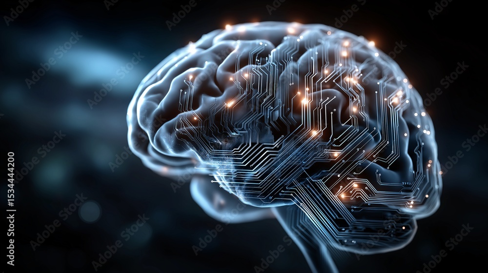 Poster digital brain concept: a human brain intertwined with glowing digital circuits and nodes, set agains
