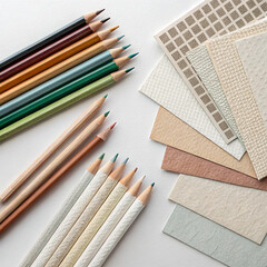 Colored Pencils and Textured Paper Swatches for Creative Design Flat Lay


