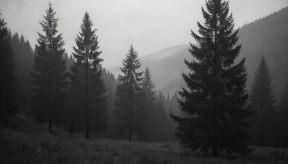 Black and white forest scene with tall pine trees under rainy sky. Mist covers distant hills. Raindrops falling, creating a tranquil and moody atmosphere, evokes peaceful feelings.