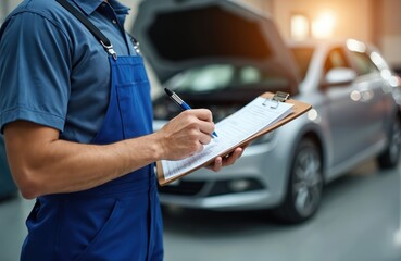 Auto mechanic writes in car repair documentation at workshop. Male specialist inspects car vehicle service, checking list on clipboard. Mechanic in uniform, car with open hood.