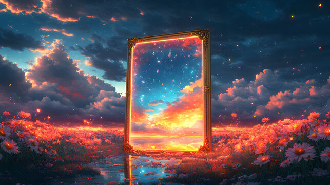 A glowing portal framed by a golden border, set against a vibrant sunset sky with clouds and daisies.