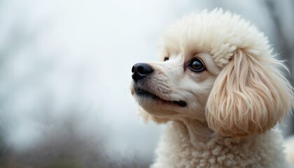 Portrait of white poodle with curious gaze. Dog with curly fur, black nose, expressive eyes outdoors in blur. Gentle canine pet, fluffy face, pet-friendly lifestyle, lovely dog.