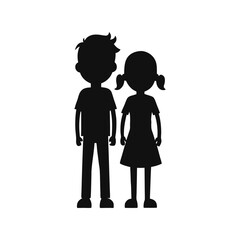 Boy and girl standing silhouette vector illustration, children profile avatars, kids pair minimalist design, isolated on white