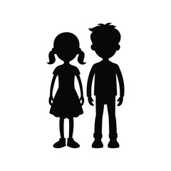 Boy and girl standing silhouette vector illustration, children profile avatars, kids pair minimalist design, isolated on white