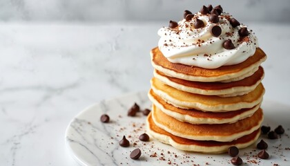 Stack of fluffy pancakes topped whipped cream chocolate chips shavings. Sweet dessert on marble surface. Delicious homemade breakfast, treat, snack with maple syrup. Food photo for cafe menu, food