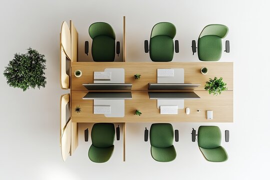 Top-down view of a modern office workspace