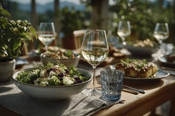 A beautifully arranged dining table with fresh salads, white wine glasses, and a scenic background. The setting is perfect for a summer meal or gathering.