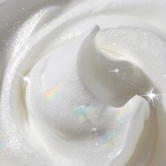 Close-up of a smooth, white cream swirl with a glossy finish and subtle sparkles. The texture appears soft and inviting, ideal for skincare or culinary use.