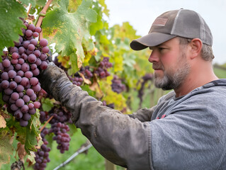 Grape Harvest Close-Up, Man Picking Fresh Grapes