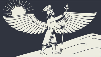 Ancient Winged Figure Symbol Sun Staff Religious Historical Icon Spirituality Power Art Illustration