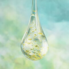 A close-up of a transparent water droplet containing golden particles. The background features soft, blurred pastel colors, creating a serene atmosphere.