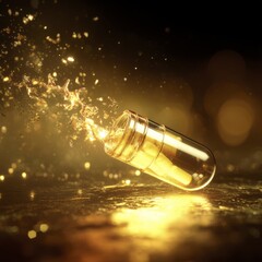 A golden capsule spills liquid and sparkles against a dark background. The scene conveys themes of health, wellness, and luxury.