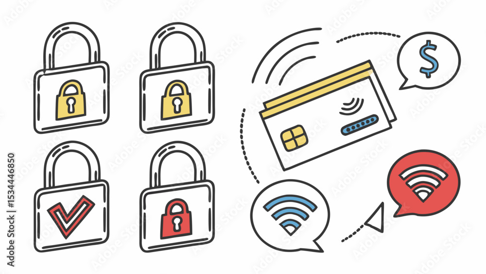 Poster simple line art illustration of online payment security and data protection concept with locks and c