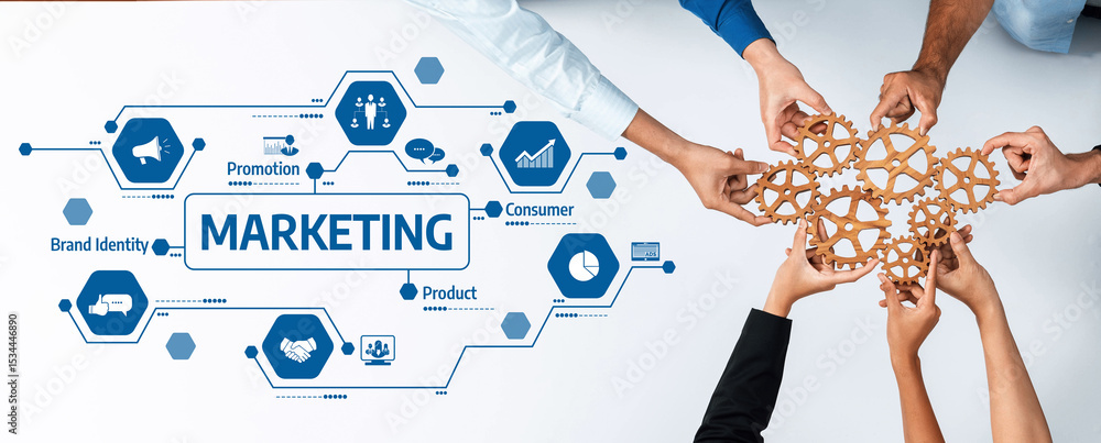 Aufkleber A dynamic image illustrating collaboration in marketing with diverse hands connecting gears, emphasizing teamwork and strategic planning for brand success. Amity