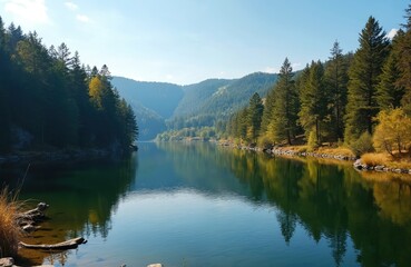 Fototapeta premium Oker reservoir near Altenau in Harz Mountains. Scenic view of the Oker See, serene lake reflects forest, mountain. Idyllic nature, summer travel. Natural beauty, perfect vacation, travel tourism.