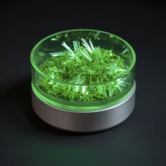 A modern display of green crystals inside a transparent circular container. The base is metallic, and the crystals are illuminated, creating a vibrant effect.