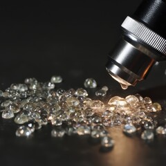 Close-up of a microscope lens focusing on scattered clear diamonds on a dark surface, illustrating gemology and scientific examination.