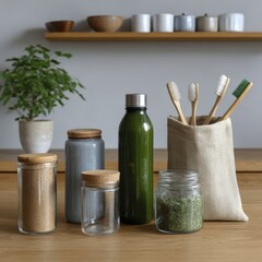 Glass jars with wooden lids, a green bottle, bamboo toothbrushes in a fabric holder, and a potted plant on a wooden surface, eco-friendly lifestyle concept.