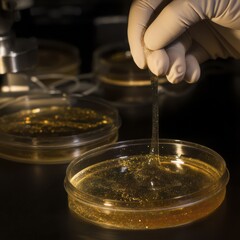 Gloved hand using pipette to transfer liquid into petri dish in laboratory setting with multiple petri dishes on table, scientific research concept.