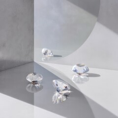 Four loose round-cut diamonds on a white surface with soft shadows and minimalistic background.