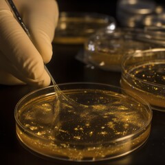 Close-up of gloved hand using a metal tool to manipulate bacterial colonies in petri dishes in a laboratory setting.