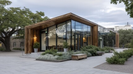 Modern architectural building with large glass windows and wooden accents. Surrounded by greenery and a paved pathway. Cloudy sky in the background.