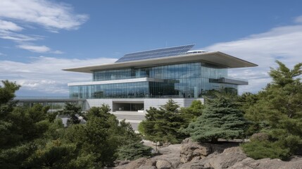 Modern architectural building with solar panels surrounded by greenery and rocks under a clear blue sky.