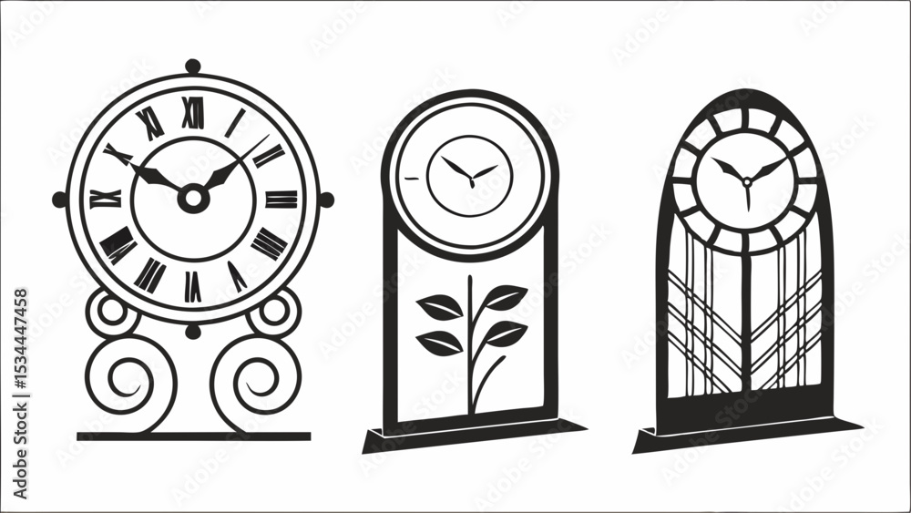 Poster vintage and antique clocks set isolated on white background different styles design elements objects