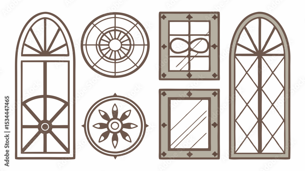 Poster set of decorative and vintage windows in various shapes and styles including arched round and rectan