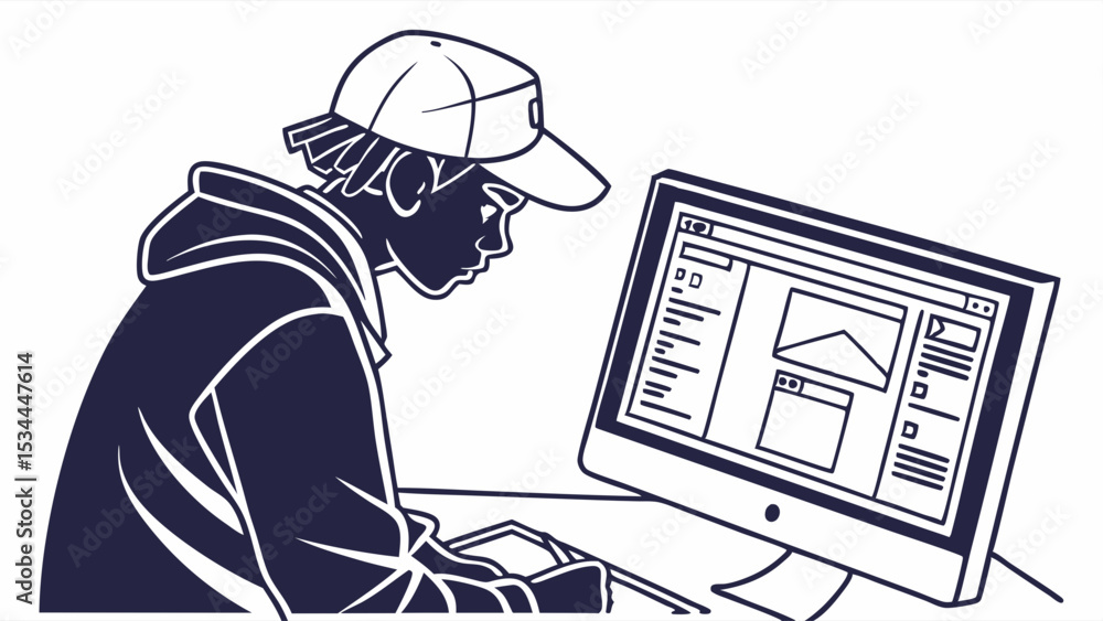 Aufkleber monochrome line art young person coding or designing on computer screen at desk