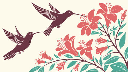 Stylized Nature Illustration of Two Hummingbirds Flying Towards Red Flowers and Green Leaves
