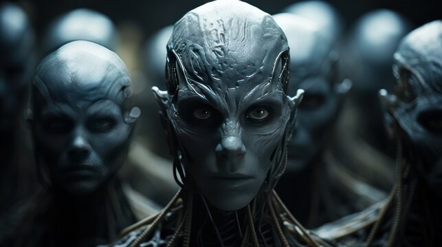 Group of alien statues in a dark room. Humanoid. Alien. Sci Fi Concept With Copy Space.