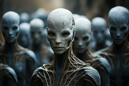 Group of alien in a dark space. Humanoid. Alien. Sci Fi Concept With Copy Space.