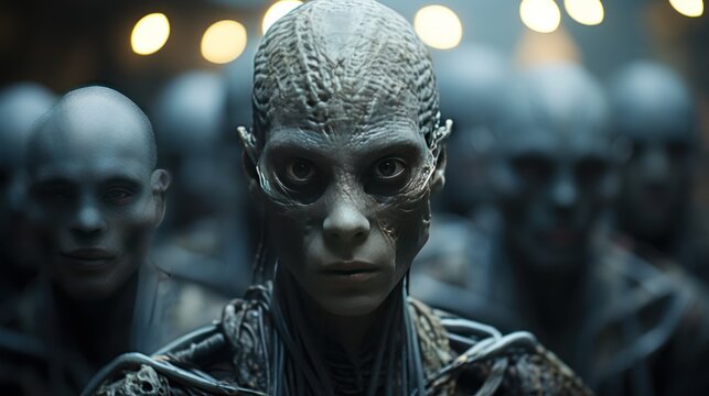 3D Illustration of a Fantasy Alien in a Futuristic World. UFO. Humanoid. Alien. Sci Fi Concept With Copy Space.
