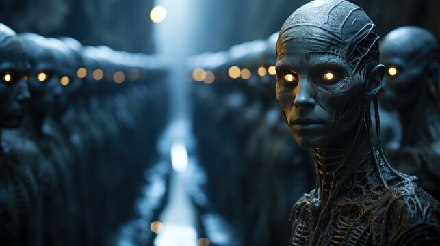 Alien in a dark corridor with glowing lights. UFO. Humanoid. Alien. Sci Fi Concept With Copy Space.
