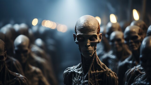 Aliens. Fantasy alien Army with glowing eyes in the dark forest. UFO. Humanoid. Alien. Sci Fi Concept With Copy Space.
