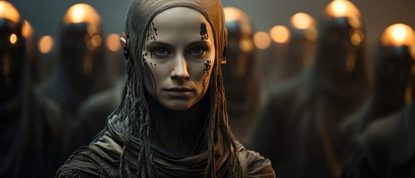 Halloween theme: portrait of a alien woman in the dark. UFO. Humanoid. Alien. Sci Fi Concept With Copy Space.