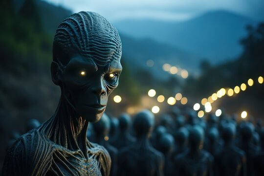 Mysterious Alien in the dark. Selective focus. UFO. Humanoid. Alien. Sci Fi Concept With Copy Space.
