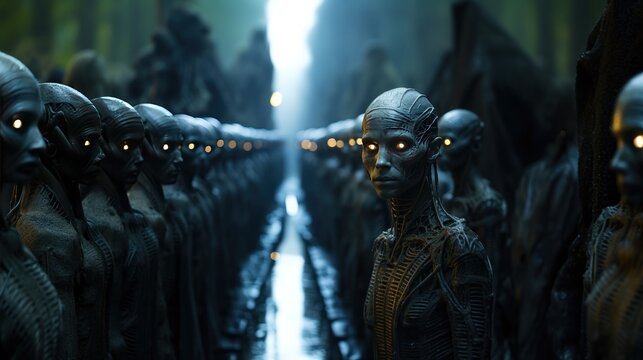 Aliens Army. War Concept. Silhouette of Alien soldiers standing in a row. UFO. Humanoid. Alien. Sci Fi Concept With Copy Space.