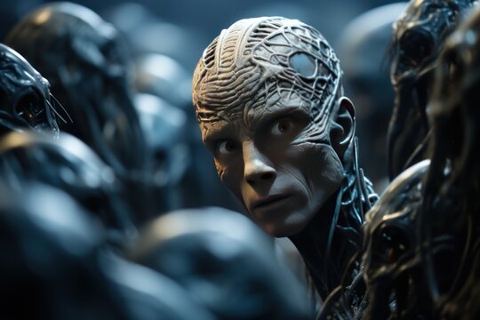 Futuristic alien in a futuristic space suit. UFO. Humanoid. Alien. Sci Fi Concept With Copy Space.